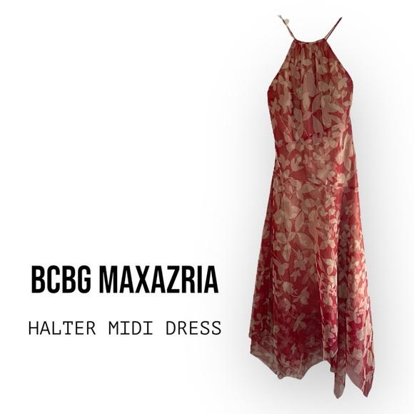 BCBG MAXAZRIA Floral Halter Asymmetrical Hem Midi Dress, Size 2‎ - Picture 1 of 10